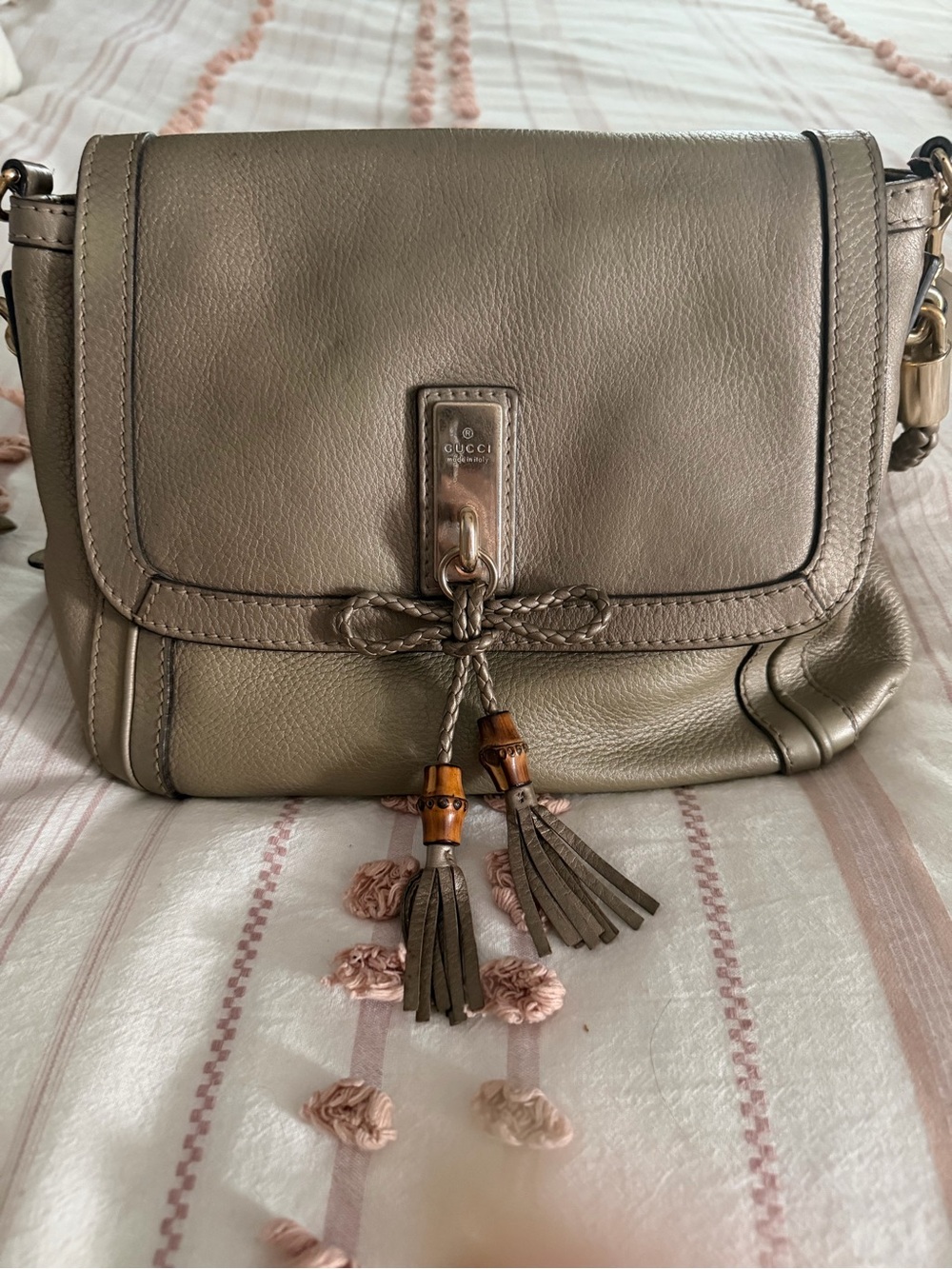 Gucci Bella champagne Leather  Bag with bamboo and Braided Tassels